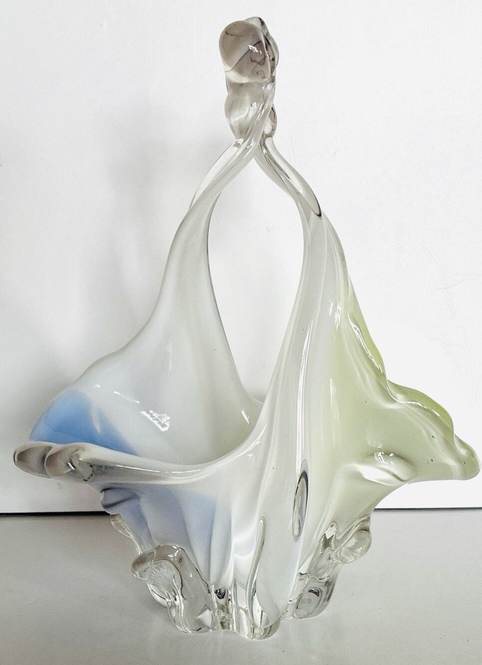 Vintage Large Glass white, Green Blue Basket Hand Blown Twisted Handle